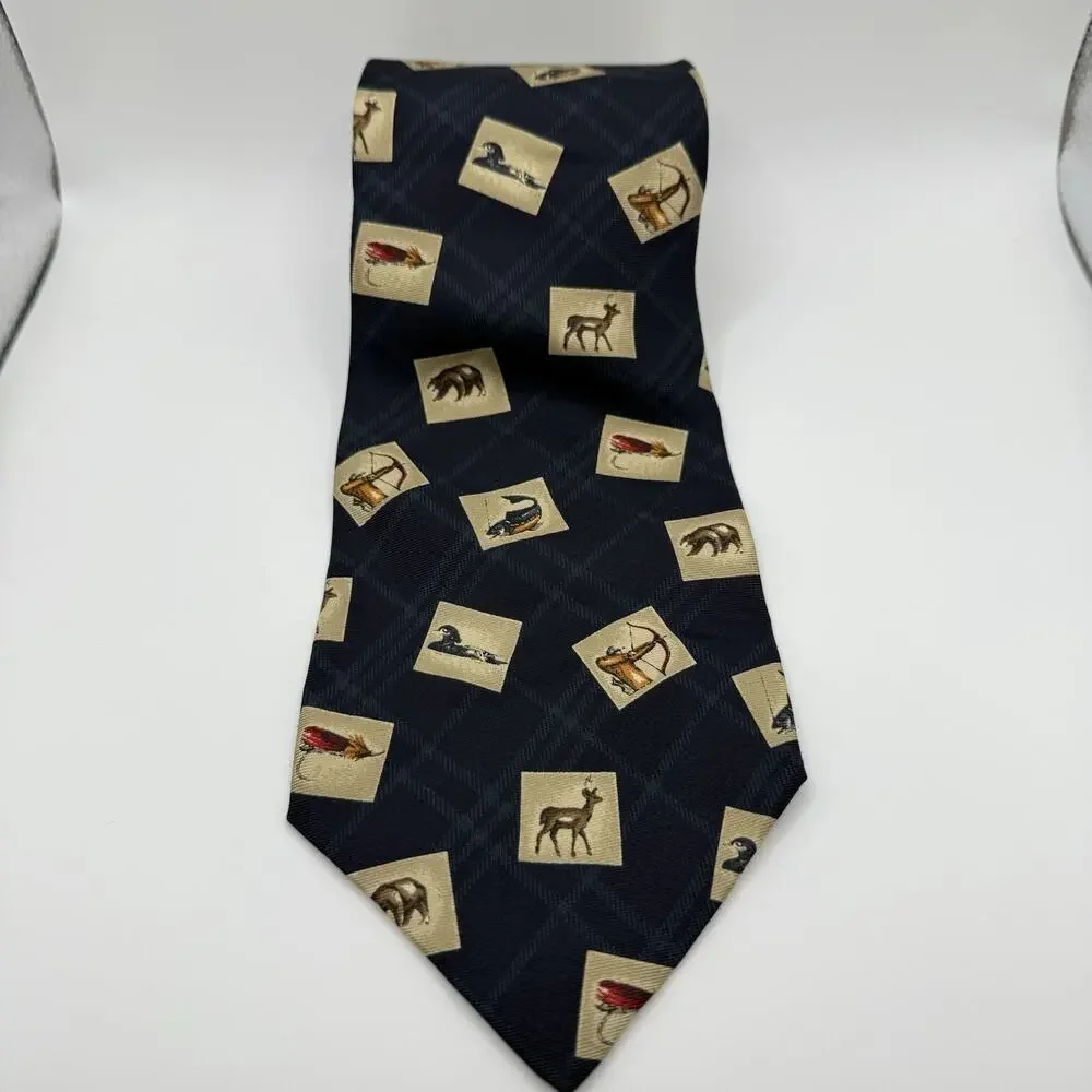 Chaps Ralph Lauren 100% Silk Tie Made‎ in USA Plaid Outdoorsman Print Fish Deer